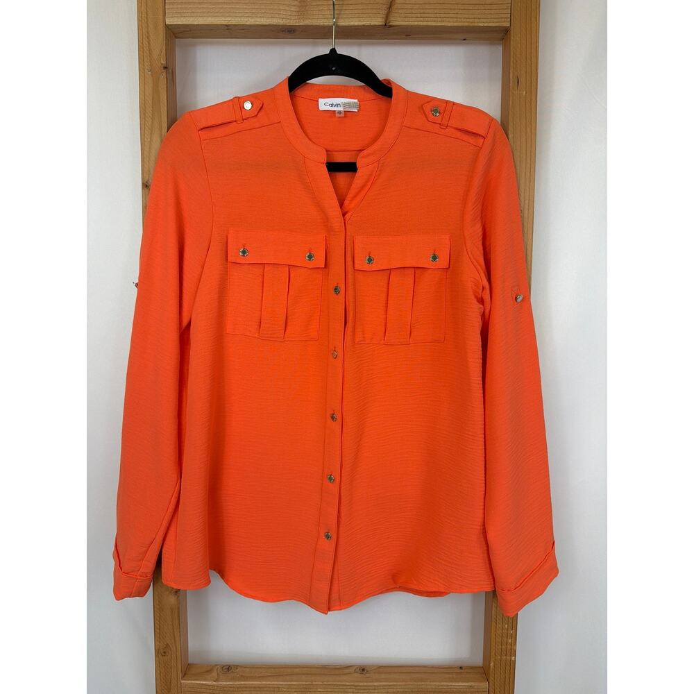 Calvin Klein Vibrant Orange Long Roll-Tab Sleeve Button-Up Utility Top Size XS
